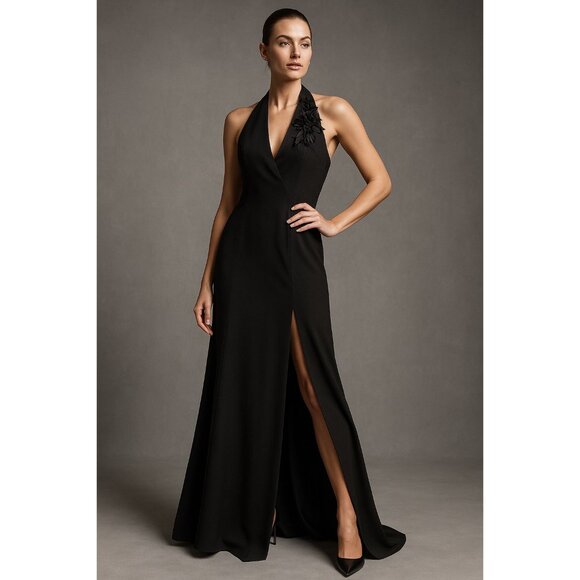 Miss Max Dresses & Skirts - Miss Max Black Halter Evening Gown with Floral Appliqué Size 44 L
